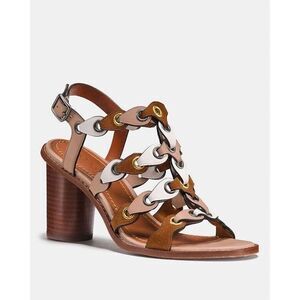NEW Coach Leather Mid Heel Sandals W/ Coach Link Browns & Tans sz 5